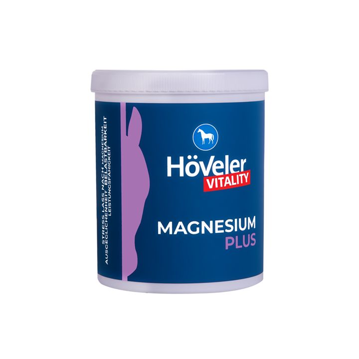 Höveler Magnesium Plus Dose mit blauem Etikett und Pferdekopf-Logo.