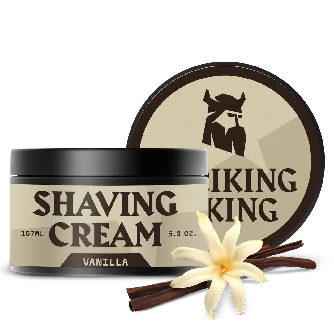 Rasiercreme-Behälter mit Deckel, Schriftzug "SHAVING CREAM", Vanille-Blüte und Stangen. Aufschrift "VIKING KING".