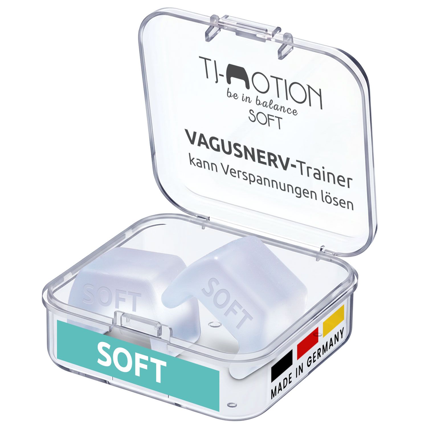 TJ-Motion Soft Vagusnerv-Trainer in transparenter Box. Zwei quadratische Produkte. Aufschrift: SOFT. Made in Germany.