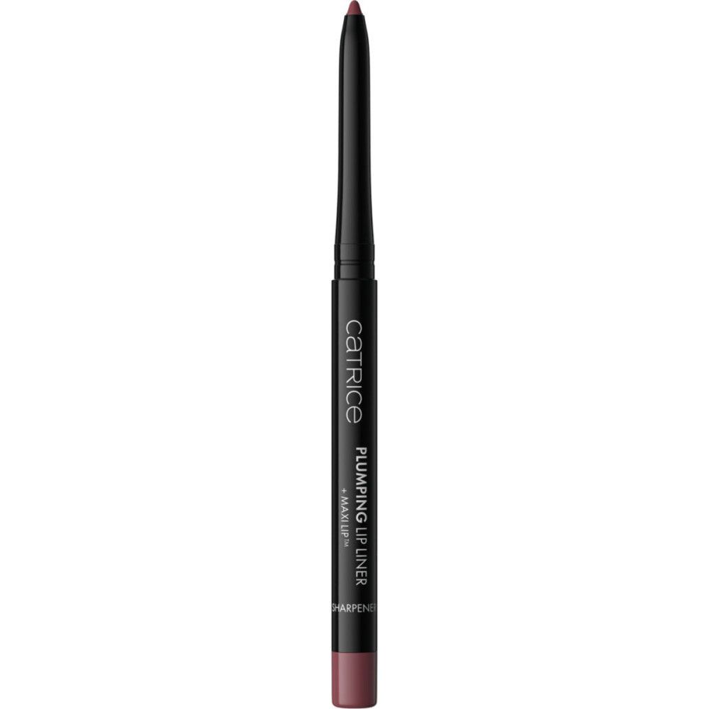 Lippenstiftstift von Catrice. Schwarzer Stift mit rosafarbenem Lippenstift. Aufschrift: Plumping Lip Liner.