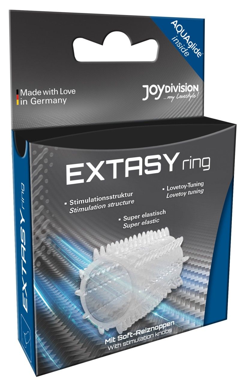 Verpackung mit transparentem EXTASYring. Ring mit Noppen, schwarze Box mit Produktnamen und Logo.