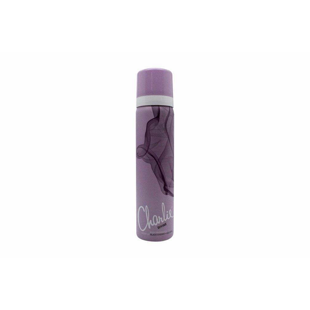 Deodorant-Spray, lila Flasche mit weißem Deckel. Schriftzug 'Charlie'. Lila Design. Aufschrift 'Made in Germany'.