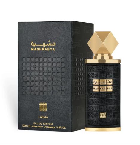 Schwarze Verpackung und Flakon. Aufschrift: Mashrabya. Goldene Schrift. Lattafa-Logo. Flakon mit goldfarbenem Verschluss.