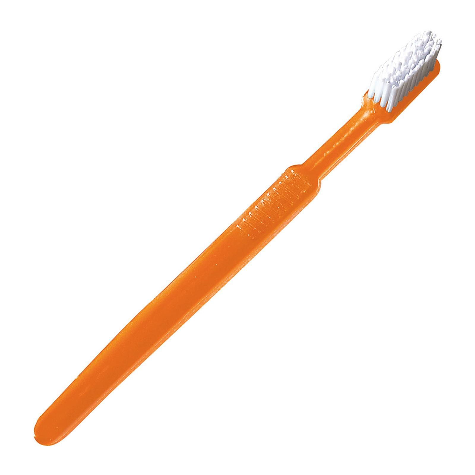 Orange Einmal-Zahnbürste mit weißem Bürstenkopf.