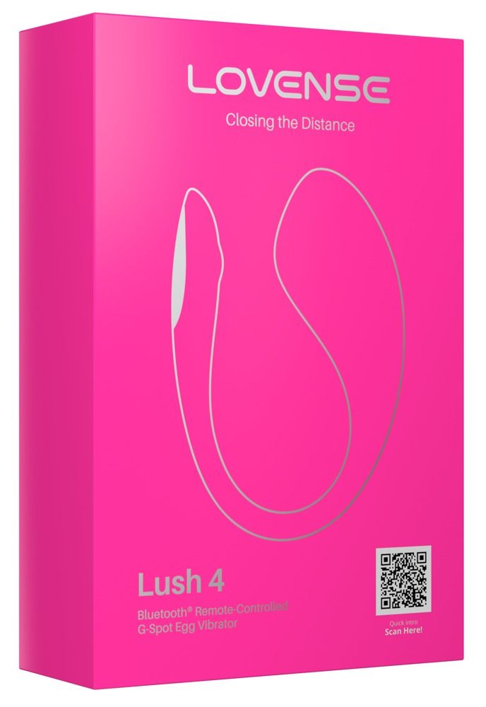 Verpackung des Lovense Lush 4 Vibrators. Rosa Karton mit Produktabbildung und Details.