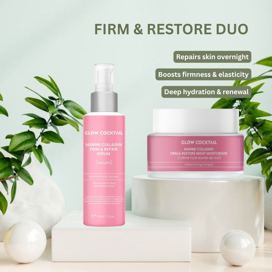 Glow Cocktail Nachtset auf Podest. Flasche mit Pumpe und Tiegel. Text: Marine Collagen Firm & Repair Serum und Nacht Moisturizer.