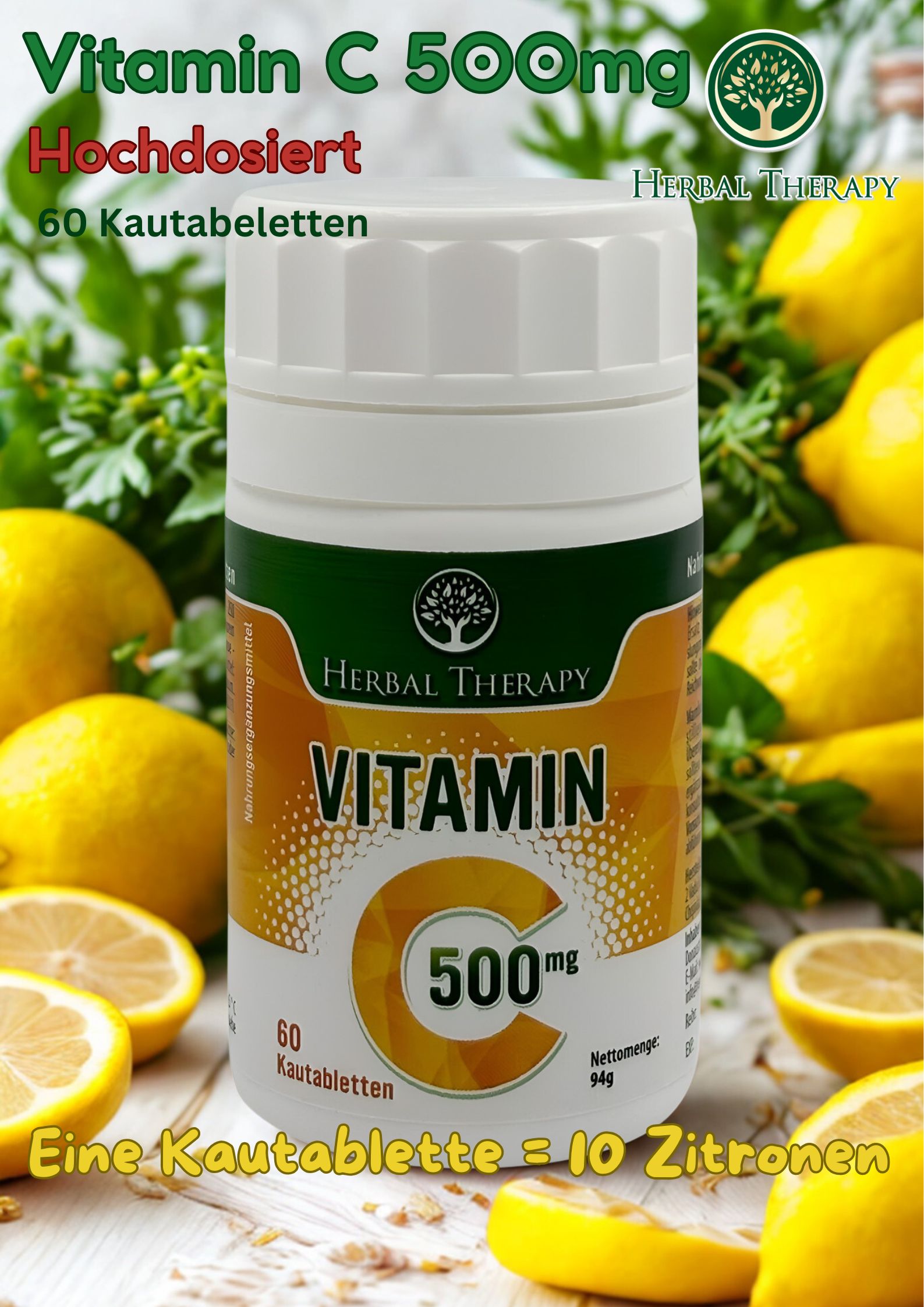 Produktabbildung mit Flasche und Zitronen. Text: Vitamin C 500mg, hochdosiert, 60 Kautabletten. Eine Kautablette = 10 Zitronen.