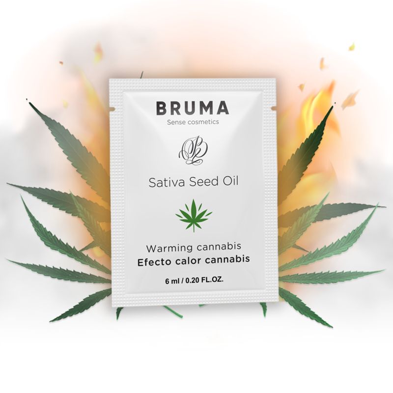 Weißer Beutel mit "Bruma", "Sativa Seed Oil", Cannabis-Blatt und "Warming cannabis". Hintergrund: Flammen und Cannabisblätter.