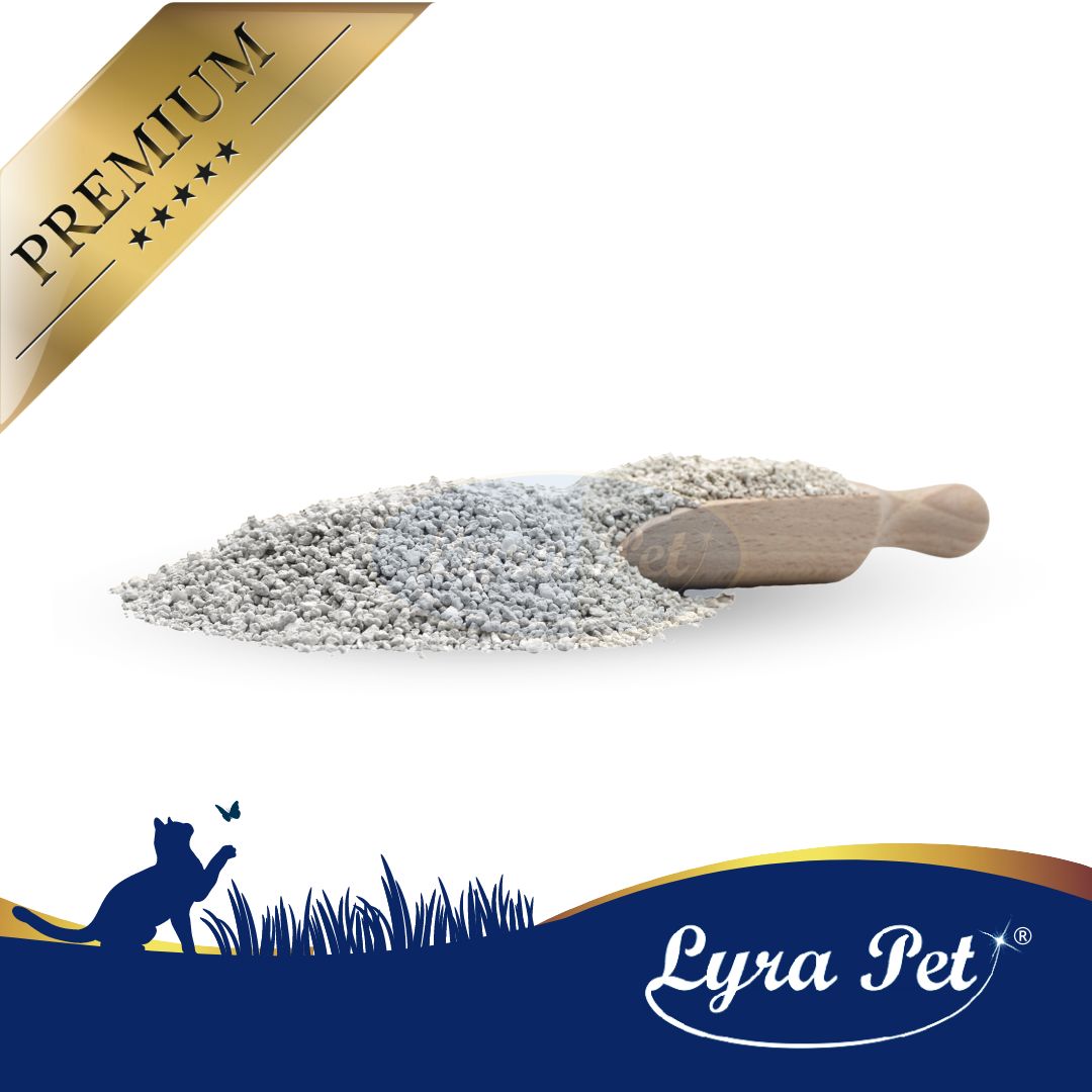 Haufen Katzenstreu mit Holzschaufel. Marke Lyra Pet. Premium-Qualität. Abbildung einer Katze. Blaue Basis.