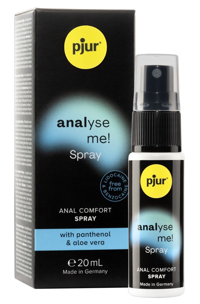 Schwarze Schachtel und Flasche. Aufschrift: pjur, analyse me! Spray, Anal Comfort Spray, mit Panthenol & Aloe Vera. 20ml.