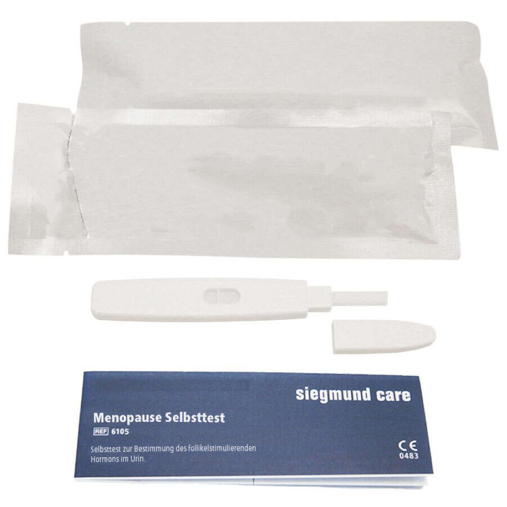 Verpackung und Teststreifen für Menopause Selbsttest. Enthält Teststreifen, Schutzhülle und Gebrauchsanweisung.
