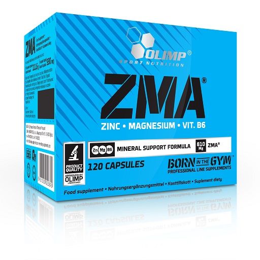 Blaue Verpackung von Olimp ZMA. Enthält 120 Kapseln. Aufschrift: Zink, Magnesium, Vitamin B6. Mineralstoff-Formel.