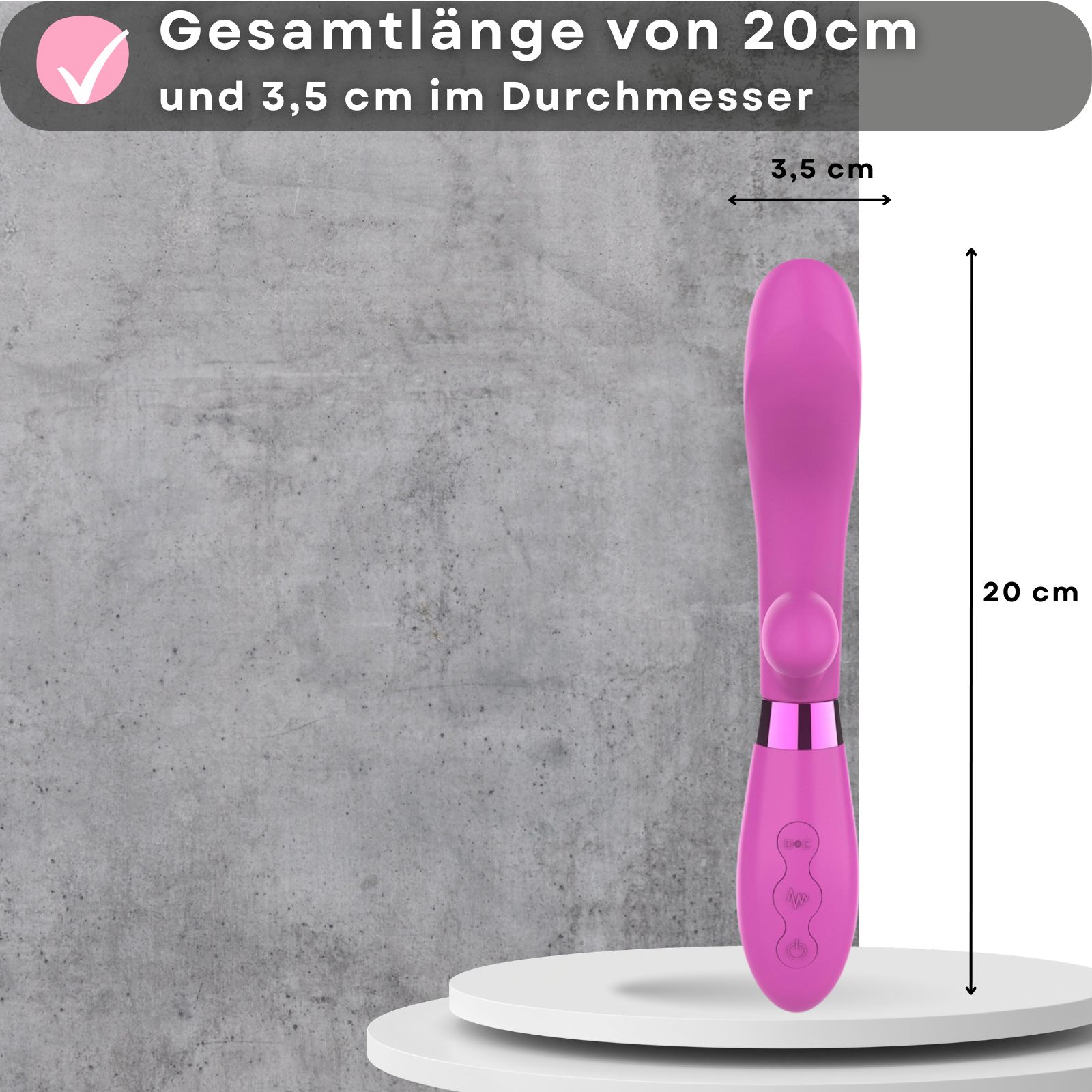 Rosa Vibrator, Silikon und ABS. 20cm lang, 3,5cm Durchmesser. Auf Podest. G-Punkt- und Klitoris-Stimulation. 10 Modi. USB.