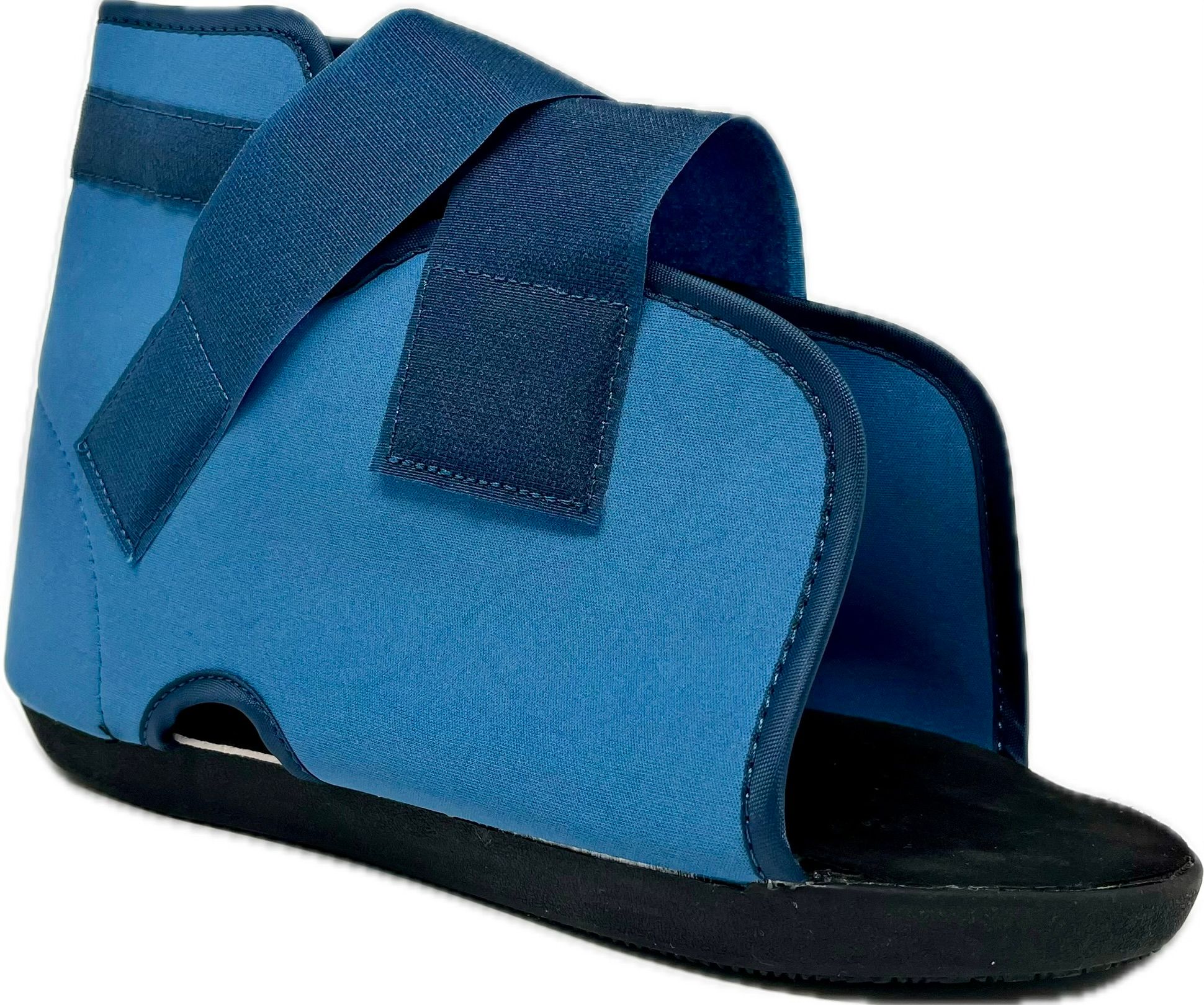 Blauer Gehschuh mit Klettverschluss. Schwarze Sohle. Offene Zehenpartie. Hoher Schaft.