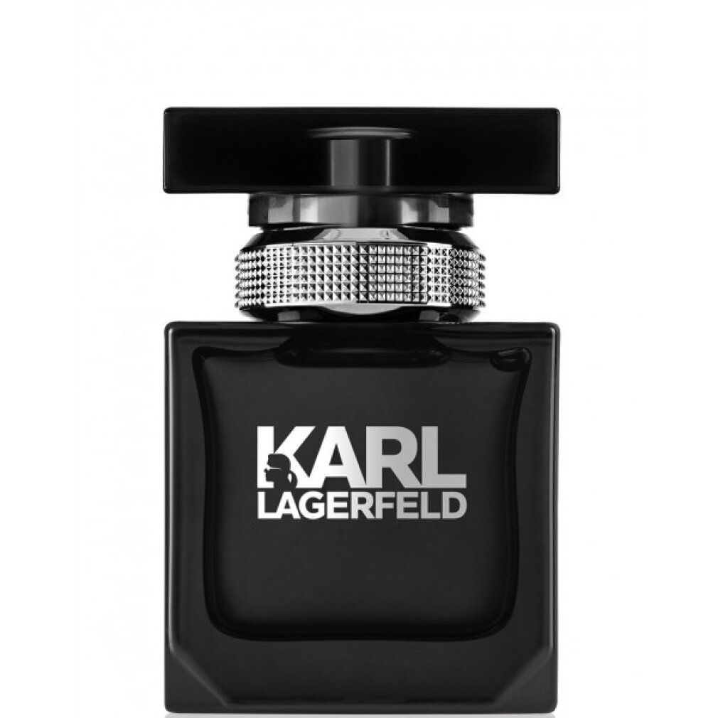 Schwarzer Flakon mit silbernem Verschluss. Aufschrift: KARL LAGERFELD.