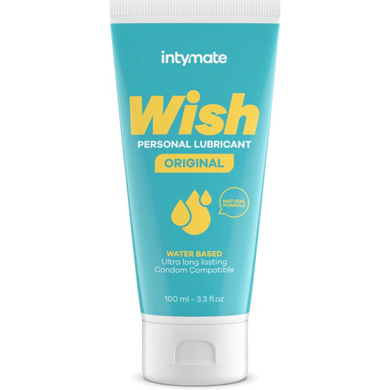 Türkis Tube mit "Wish" und "intymate" Schriftzug. "Original" und "Natural Formula" sind ebenfalls sichtbar.