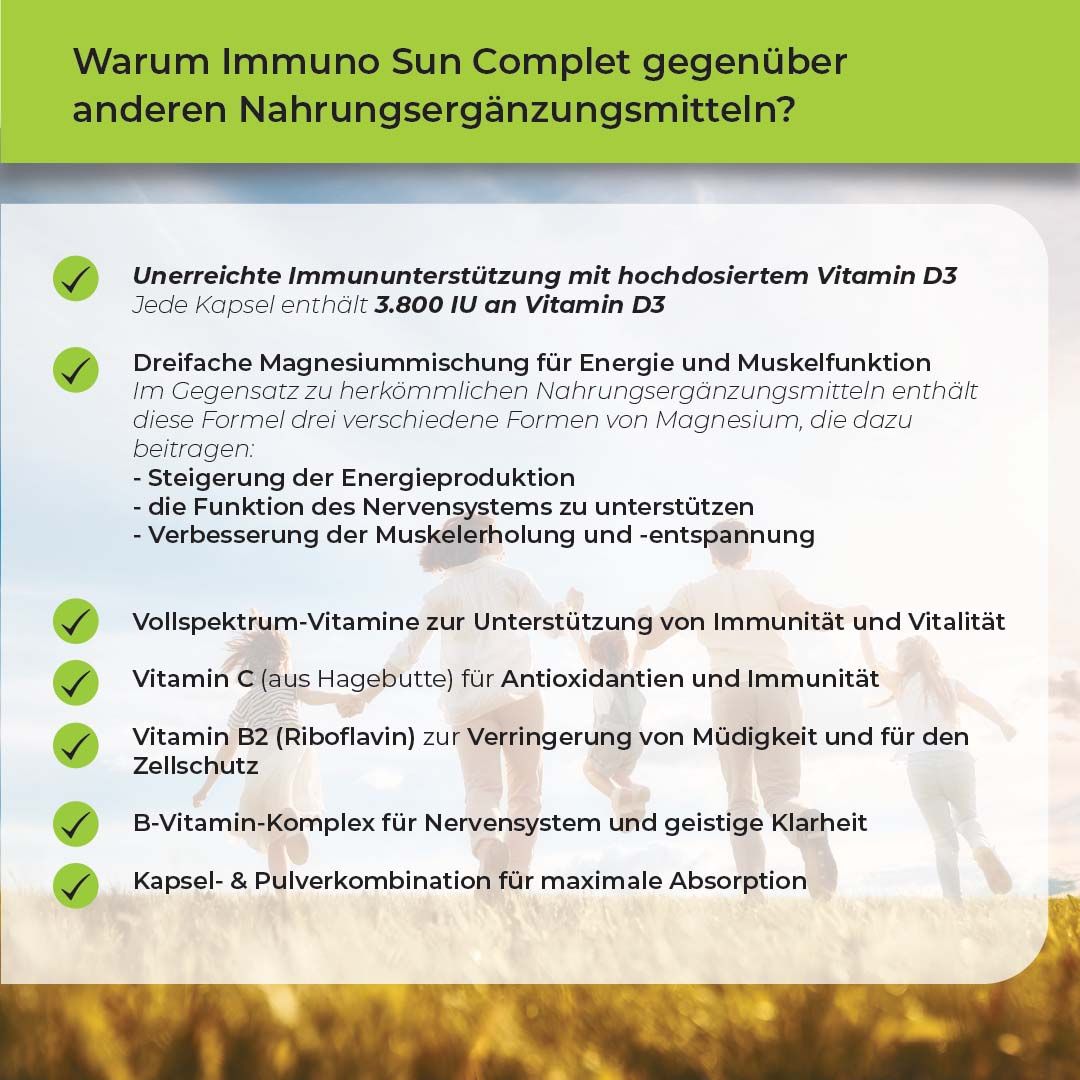Biostile Immuno Sun Komplett Produktinformationen mit Icons und Produktabbildungen.