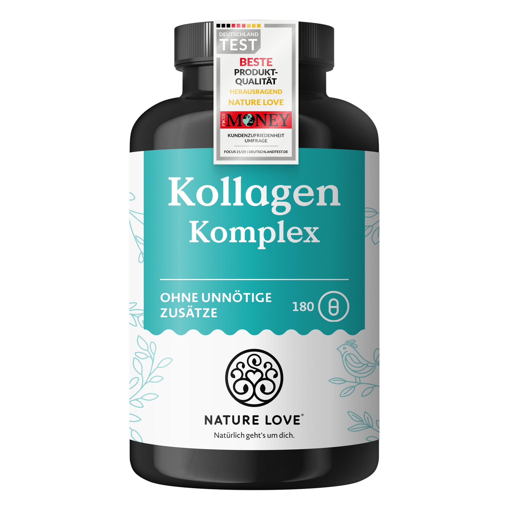 NATURE LOVE Kollagen Komplex Flasche mit Siegeln "Deutschland Test" und "Beste Produkt-Qualität".