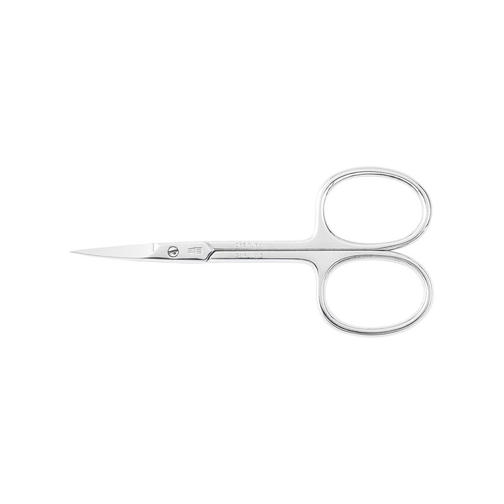 Nagelhautschere aus Metall. Schlanke, gebogene Klingen mit abgerundeten Griffen. Aufschrift auf dem Scherenblatt.