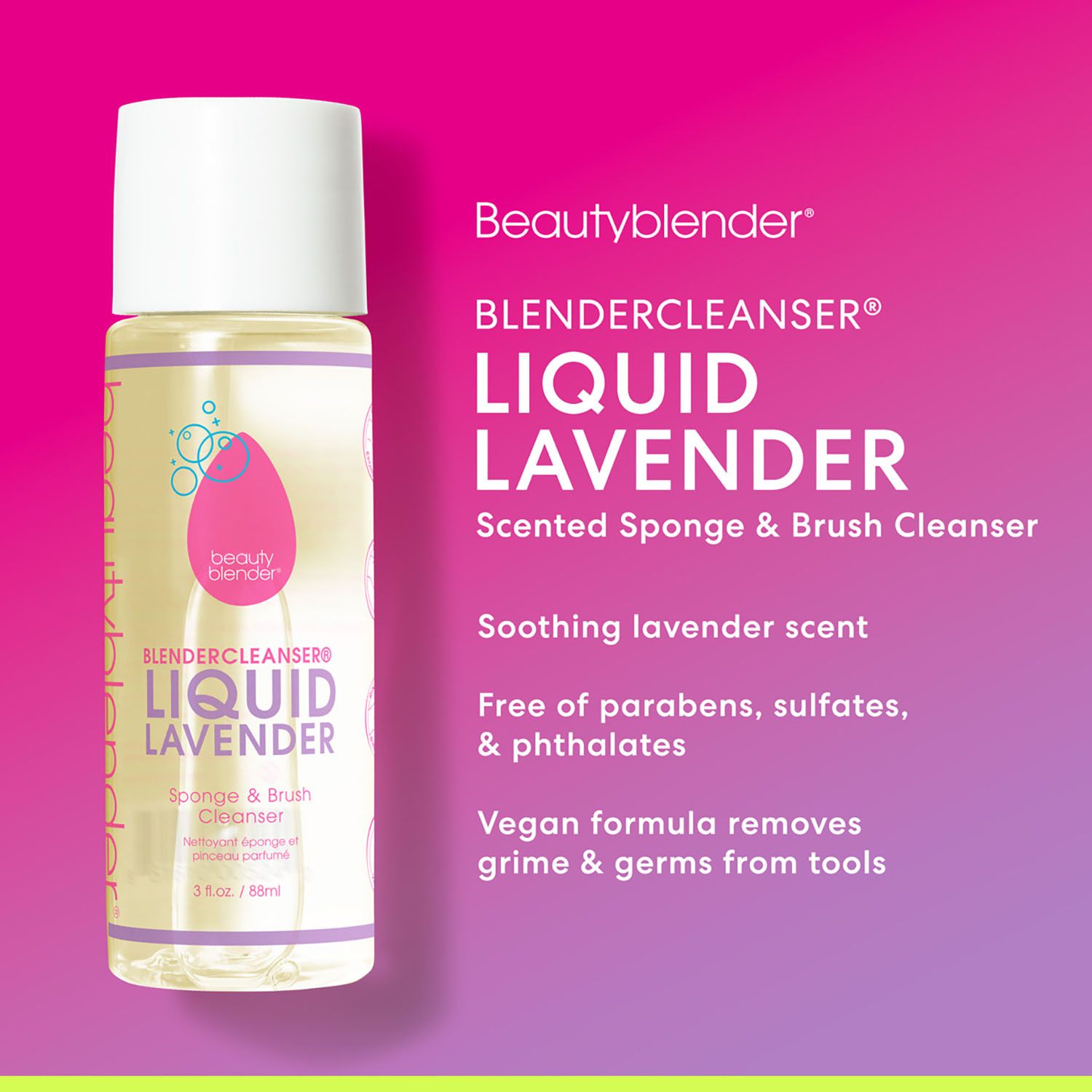 Flasche mit Flüssigreiniger. Aufschrift: Liquid Lavender, Scented Sponge & Brush Cleanser. Rosa Logo. Weißer Deckel.