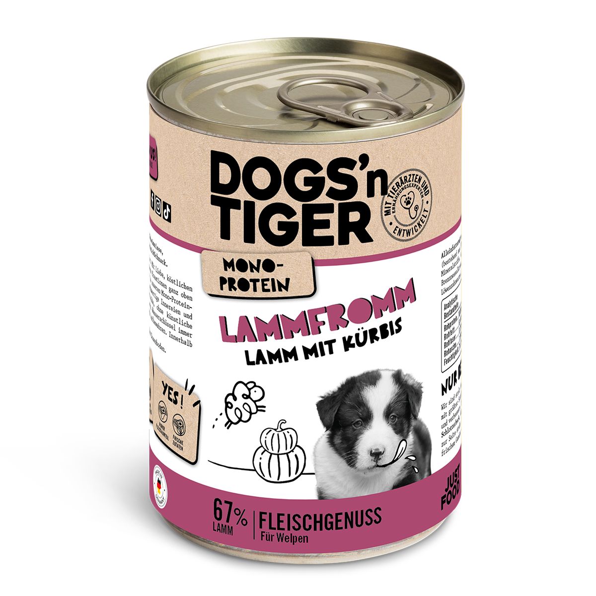 Hundefutterdose "Dogs'n Tiger Junior" Lammfromm mit Kürbis. Aufschrift: Monoprotein, 67% Fleischgenuss, Welpen Futter.