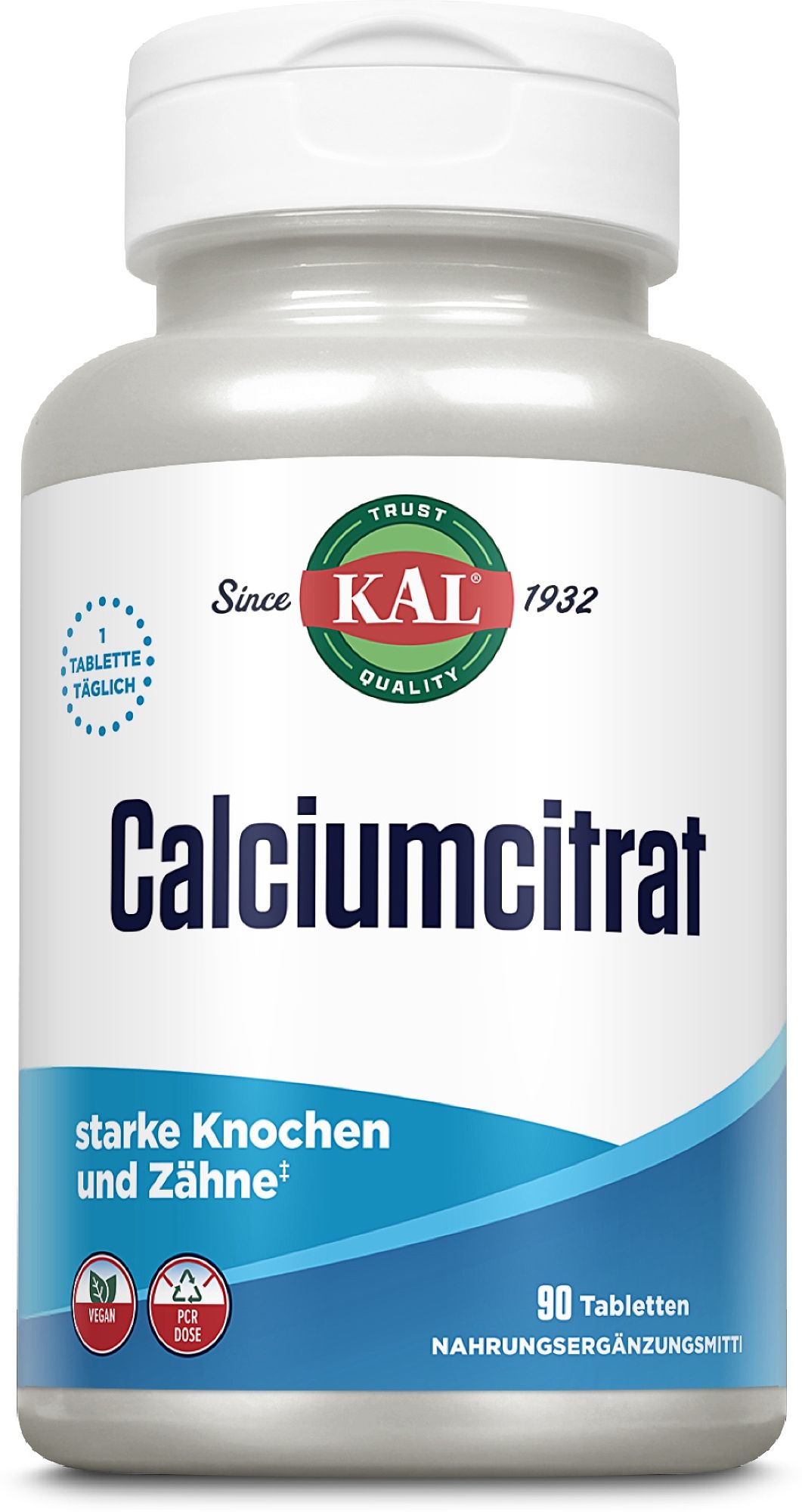 Flasche KAL Calciumcitrat, 90 Tabletten, für starke Knochen und Zähne.