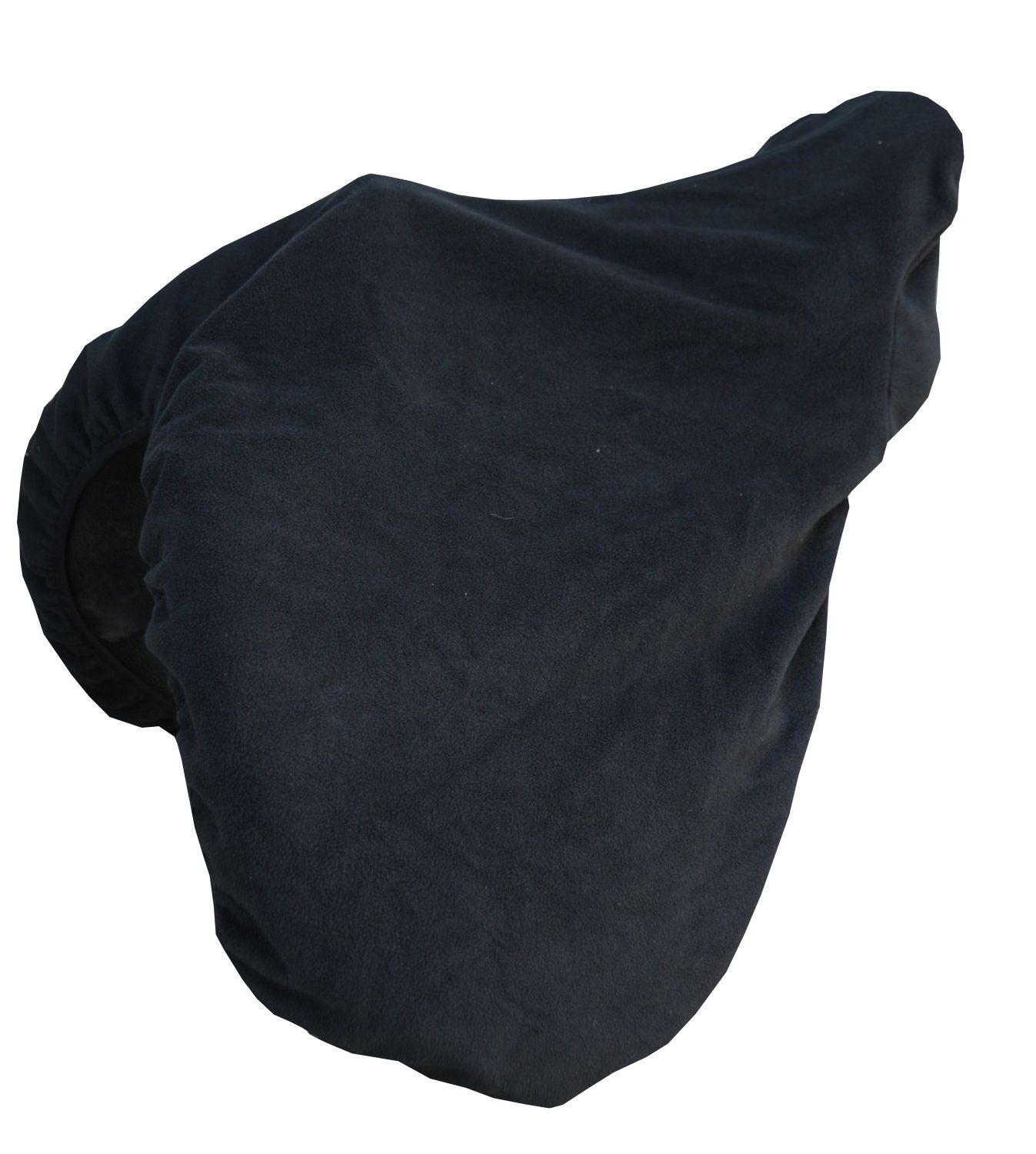 Schwarzer Sattelschutzbezug. Fleece-Material. Form eines Sattels. Ansicht von oben.