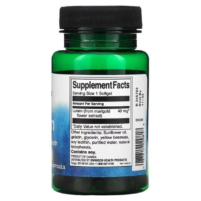 Rückseite der grünen Flasche. Aufschrift: Supplement Facts. Lutein (aus Ringelblumenextrakt) 40 mg. Enthält Soja. Mindestens haltbar bis 11/23.