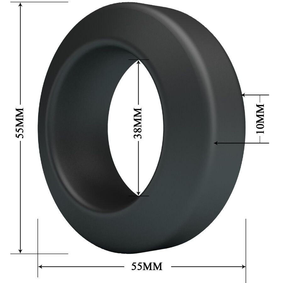 Schwarzer Silikon-Penisring. Runde Form mit zentraler Öffnung. Abmessungen: 55mm Durchmesser, 38mm Öffnung, 10mm Dicke.