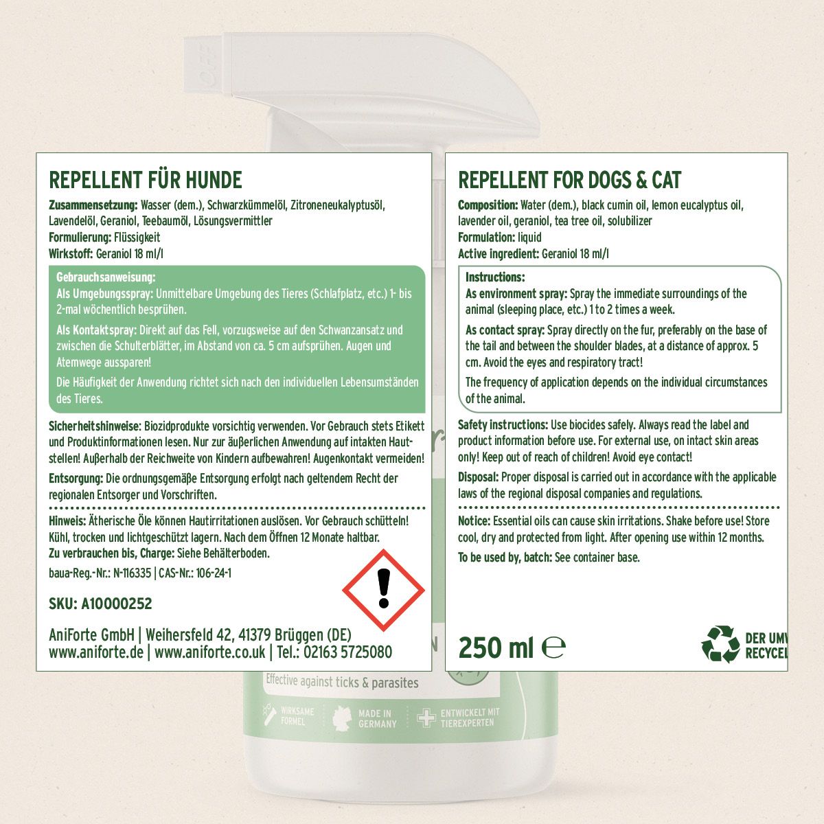 Zwei Etiketten mit Informationen zu Zeckenspray. Inhaltsstoffe, Anwendungshinweise, Warnhinweise und Herstellerinformationen.
