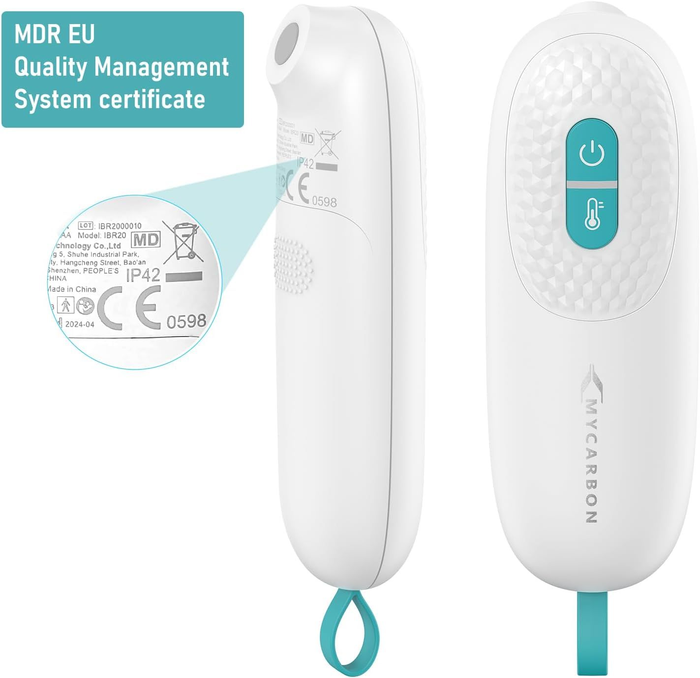 Weißes Gerät mit blauer Schlaufe. Aufschrift: MDR EU Quality Management System certificate. CE-Kennzeichnung.