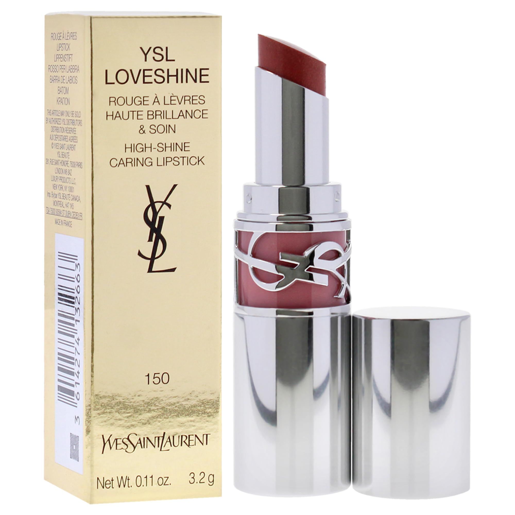 Lippenstift mit silberfarbenem Gehäuse und roter Spitze. Daneben eine goldfarbene Verpackung mit Produktinformationen und Logo.