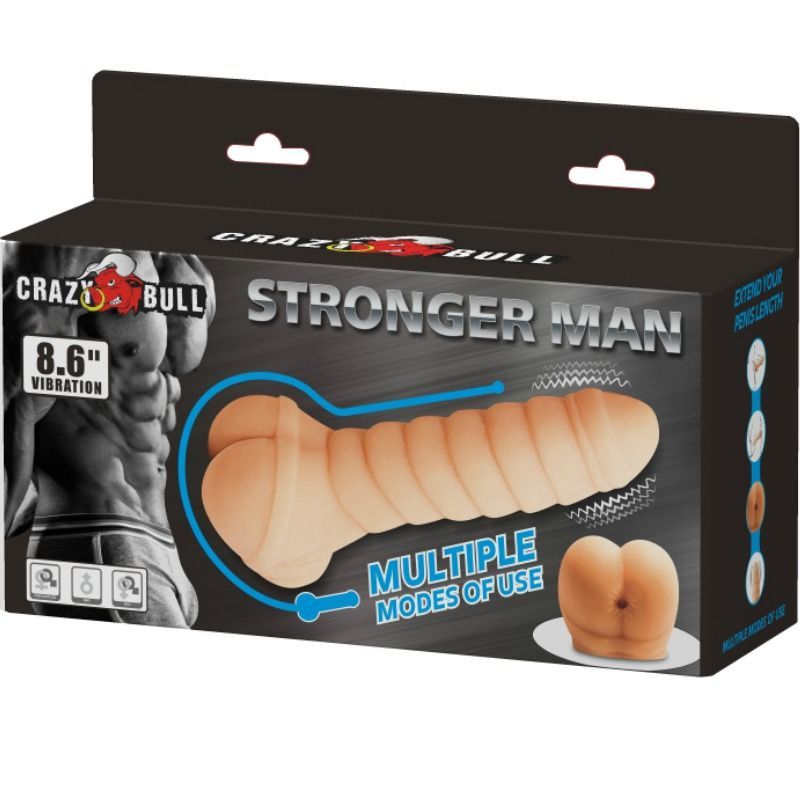 Verpackung mit Produktabbildung und Text. Zeigt einen fleischfarbenen Masturbator mit geriffelter Oberfläche.