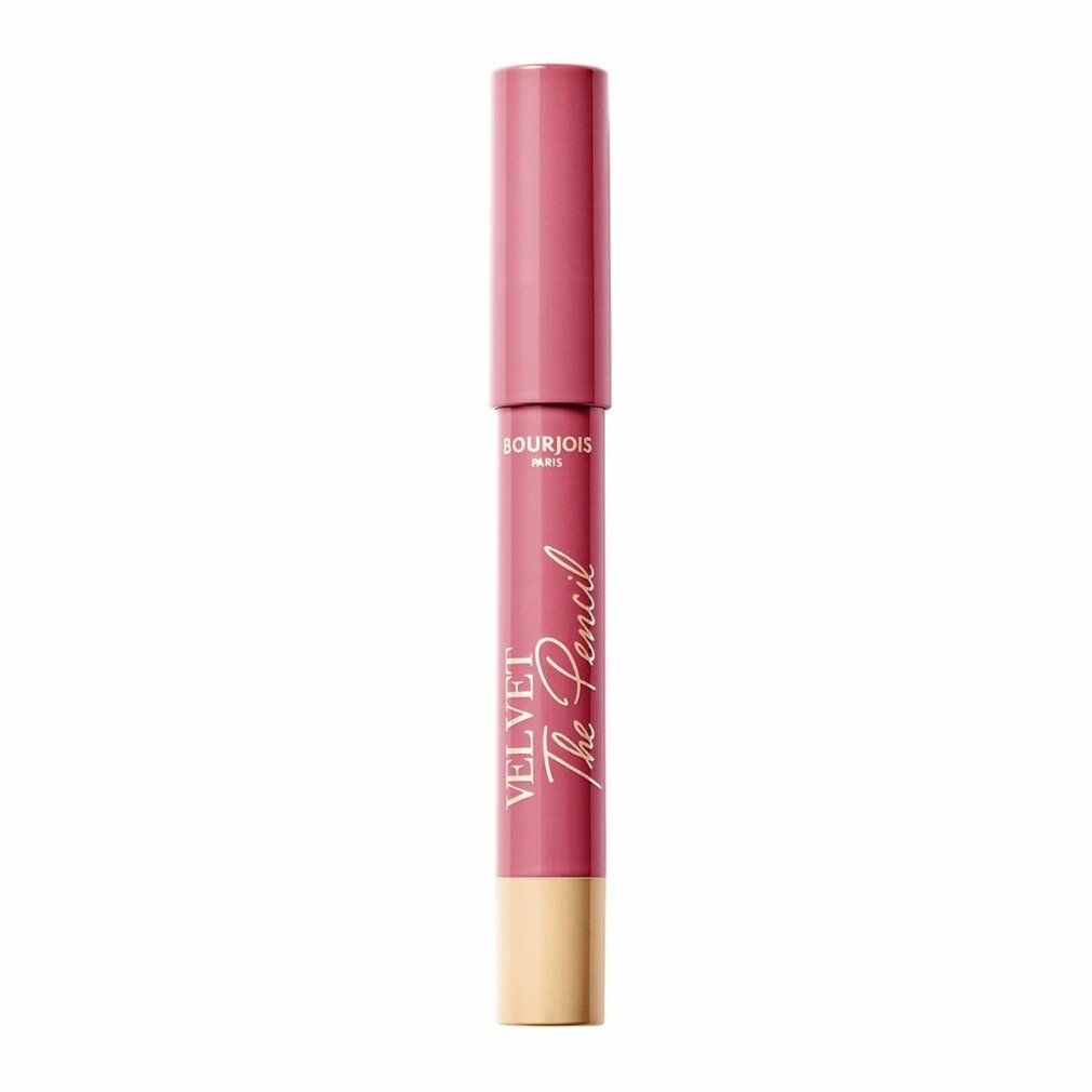 Rosafarbener Lippenstiftstift. Aufschrift: VELVET The Pencil, Bourjois Paris. Goldfarbener Boden.