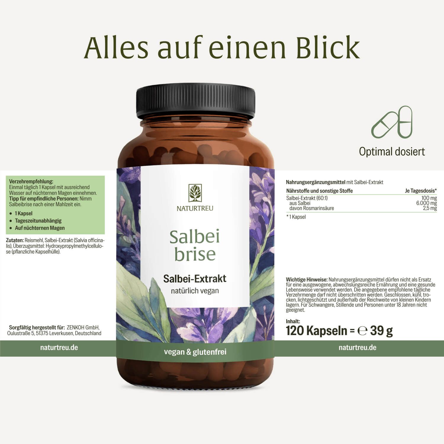 NATURTREU Salbei Extrakt Flasche mit Etikett. Informationen zu Inhaltsstoffen und Dosierung.