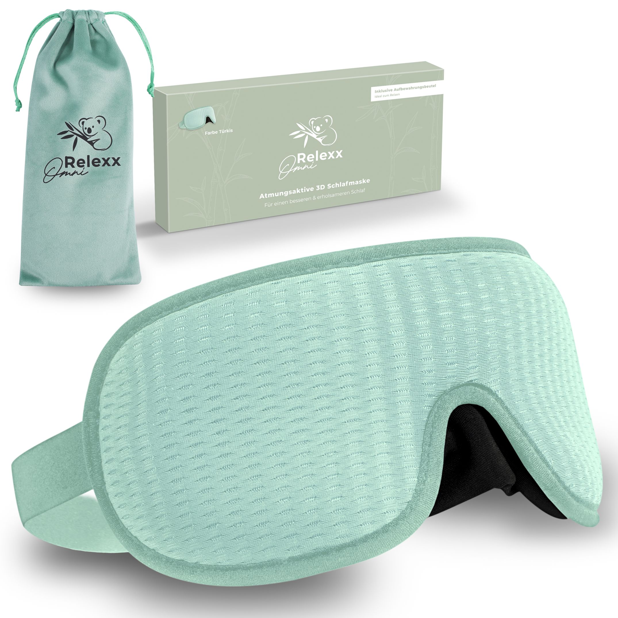 Türkisfarbene Schlafmaske, Reisebeutel und Verpackung. Marke: OMNIRELEXX®.