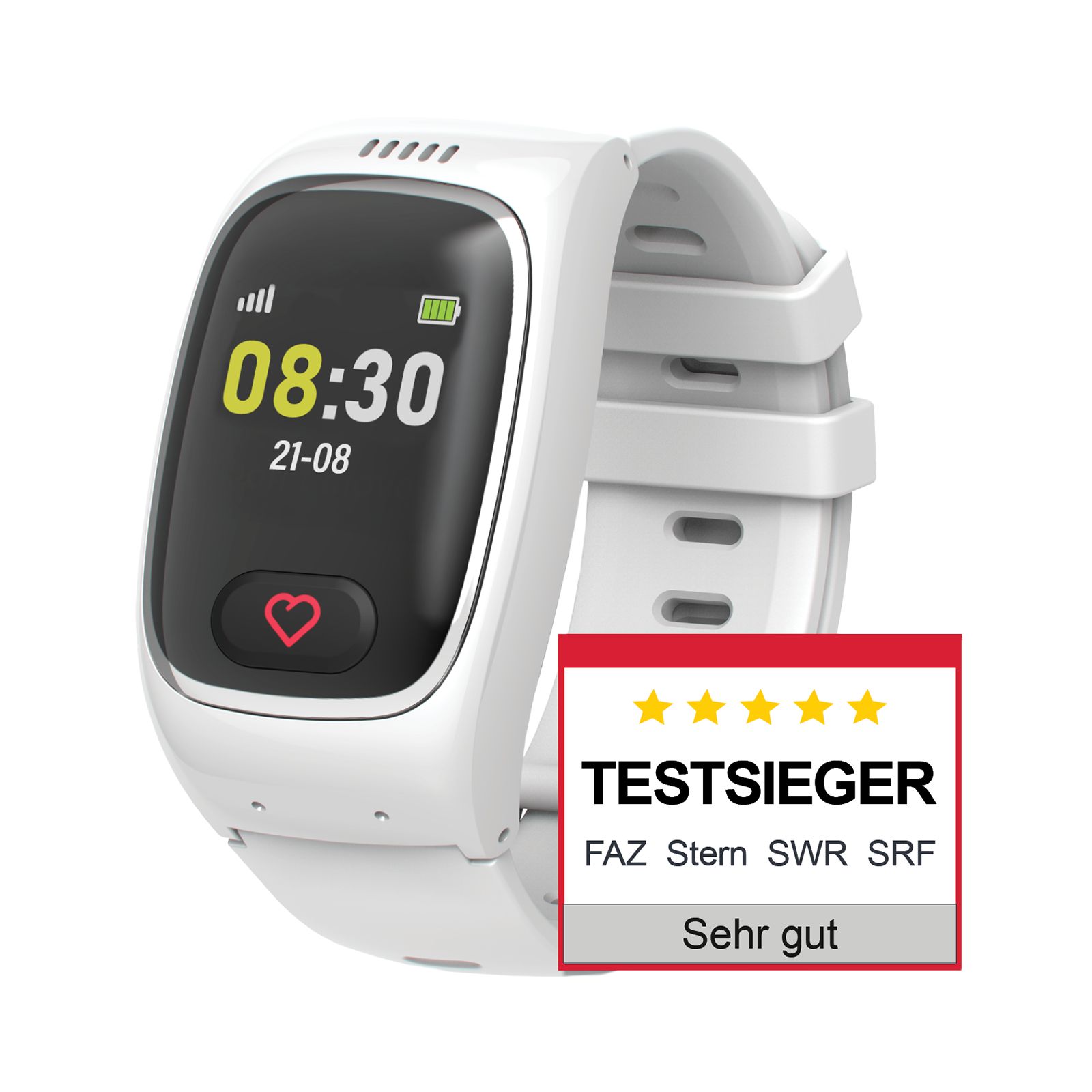 Weiße Smartwatch mit schwarzem Display. Zeigt Uhrzeit und Herzsymbol. Testsieger-Auszeichnung.