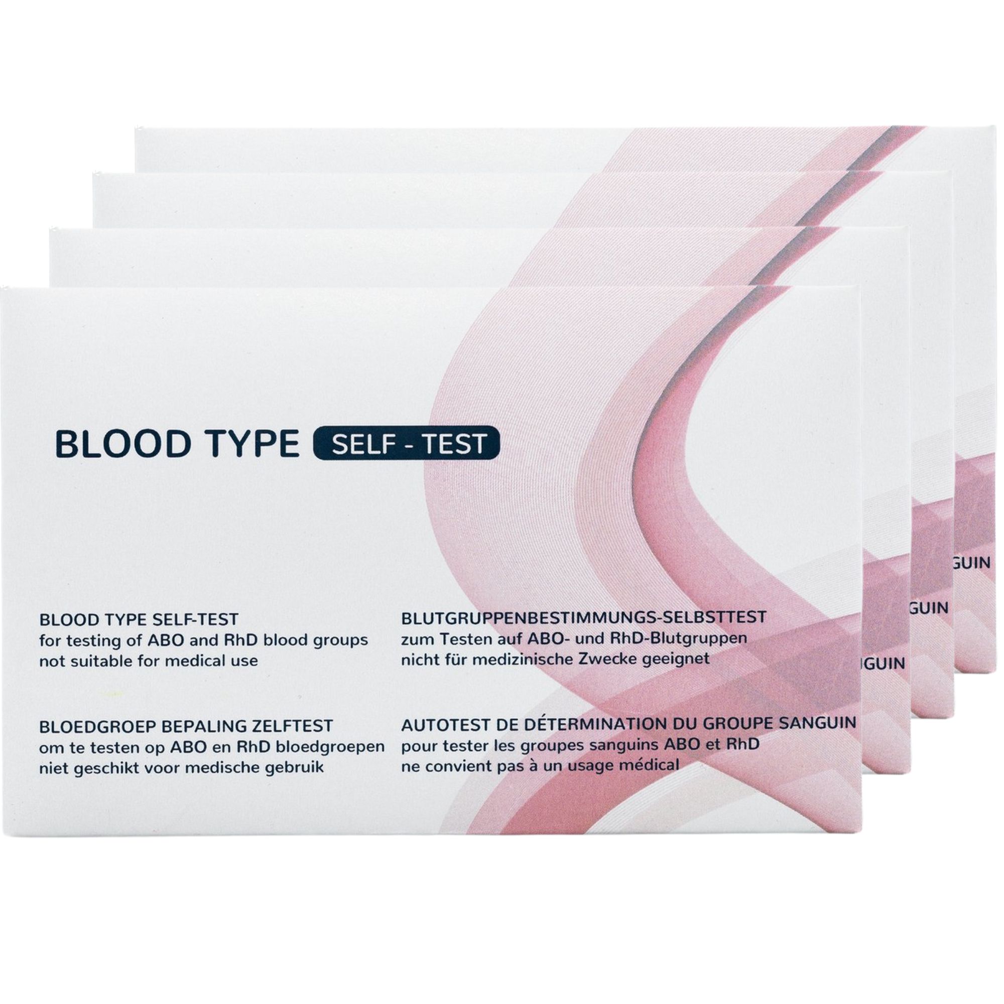 Mehrere Packungen Blutgruppen-Schnelltest. Weiße Verpackung mit rosa Design. Text: Blood Type Self-Test, Blutgruppenbestimmung-Selbsttest, Bloedgroep Bepaling Zelftest, Autotest de détermination du groupe sanguin.
