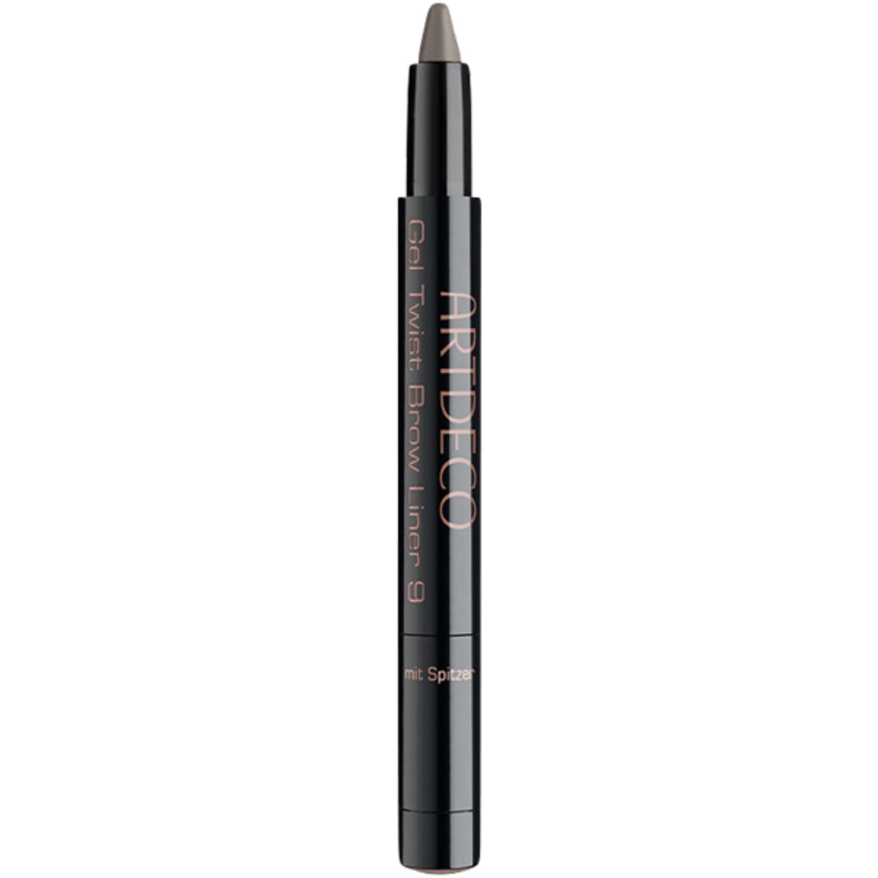 Artdeco Gel Twist Brow Liner. Schwarzer Stift mit grauer Mine und Spitzer. Produktname und Marke sichtbar.