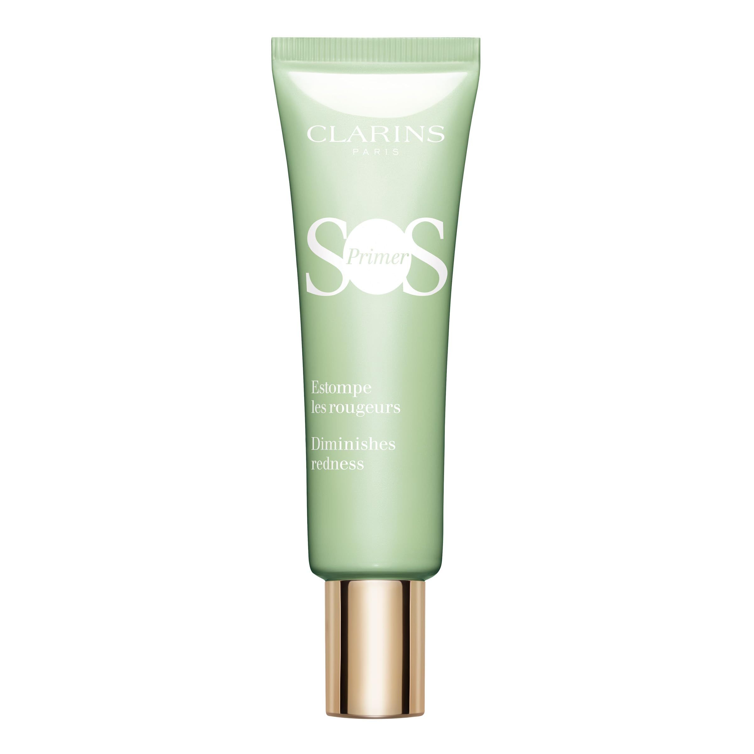Grüne Tube mit Text. Text: CLARINS, SOS Primer, Estompe les rougeurs, Diminishes redness.