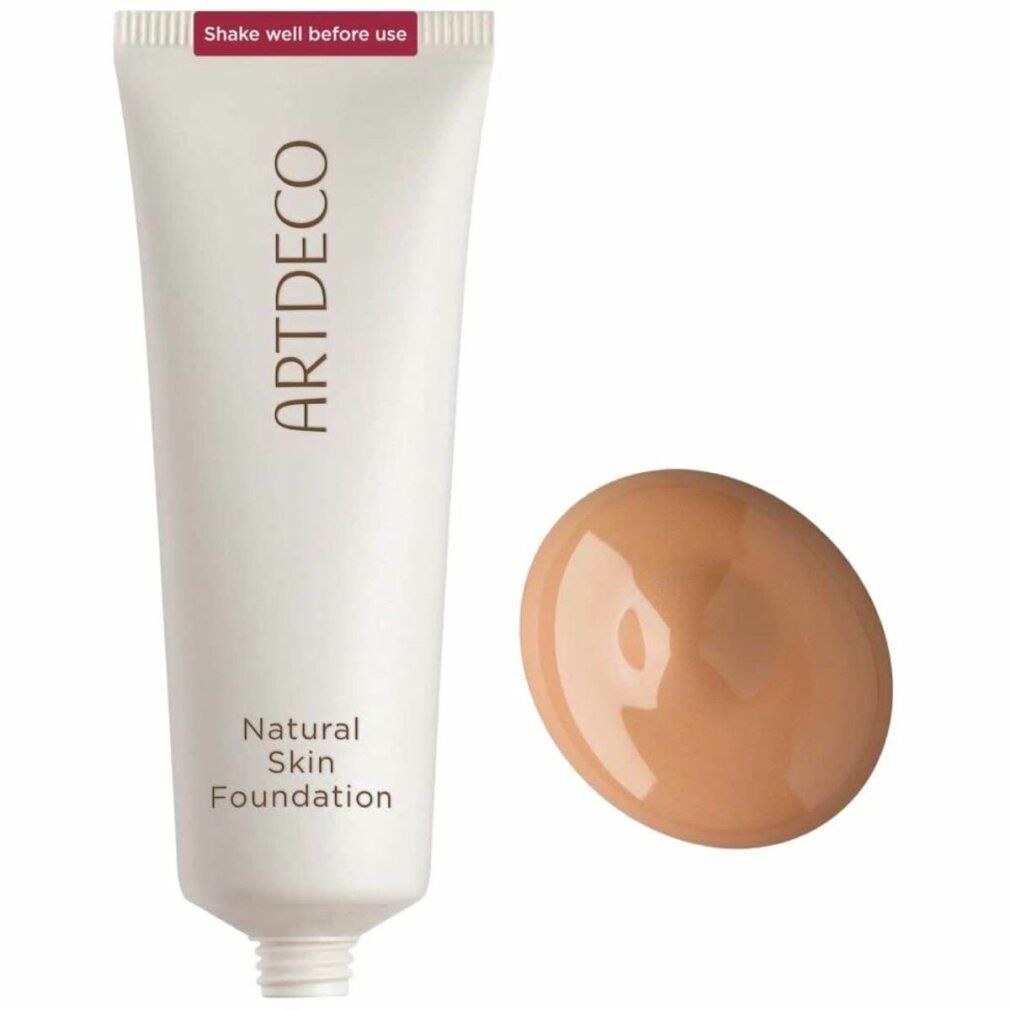 Artdeco Natural Skin Foundation Tube und Farbmuster. Aufschrift: Shake well before use. Farbton: 35 Neutral/Natural Tan.