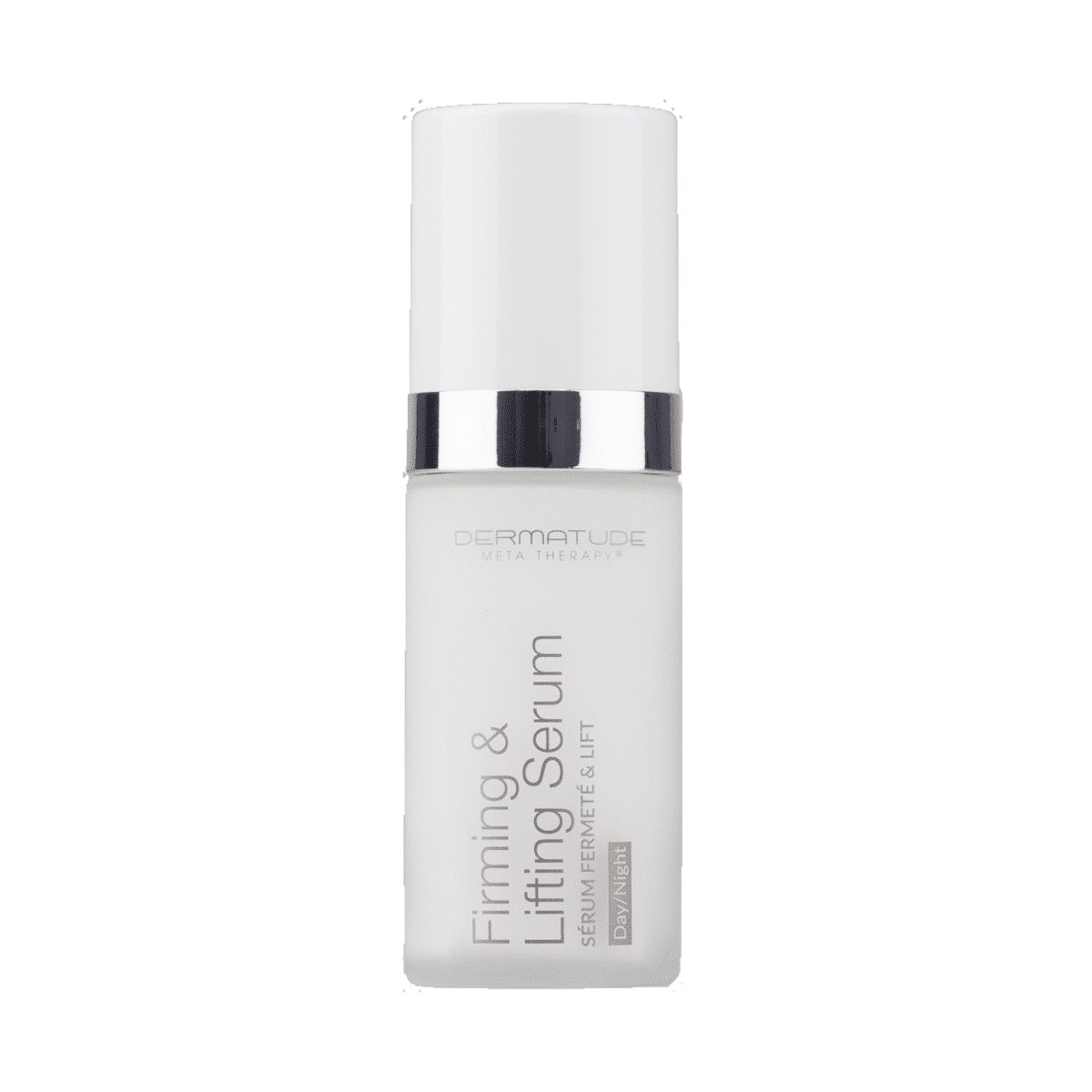 Weiße Flasche mit silbernem Ring und weißem Pumpspender. Beschriftung: Firming & Lifting Serum.