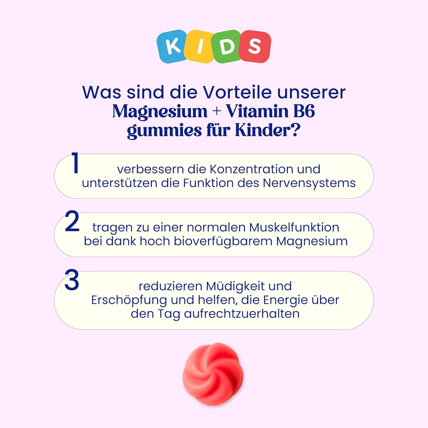 Infografik: Vorteile von Magnesium + Vitamin B6 Gummis für Kinder. 3 Punkte: Konzentration, Muskelfunktion, Müdigkeit.