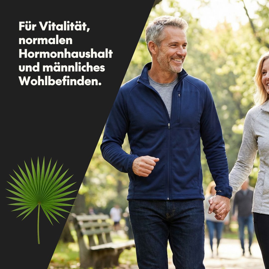 Mann und Frau gehen im Park spazieren. Text: Für Vitalität, normalen Hormonhaushalt und männliches Wohlbefinden. Palmblatt.