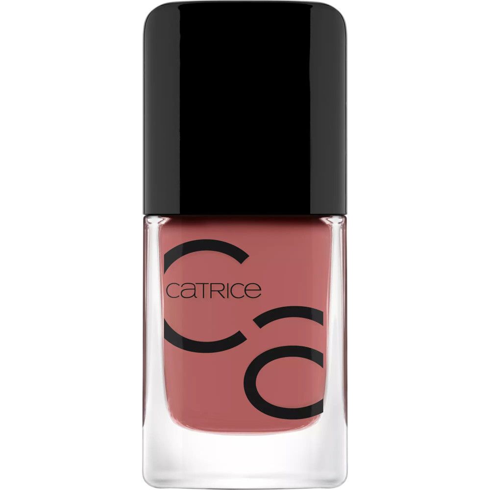 Nagellackflasche mit schwarzem Deckel. Rosa Farbton. Marke Catrice.