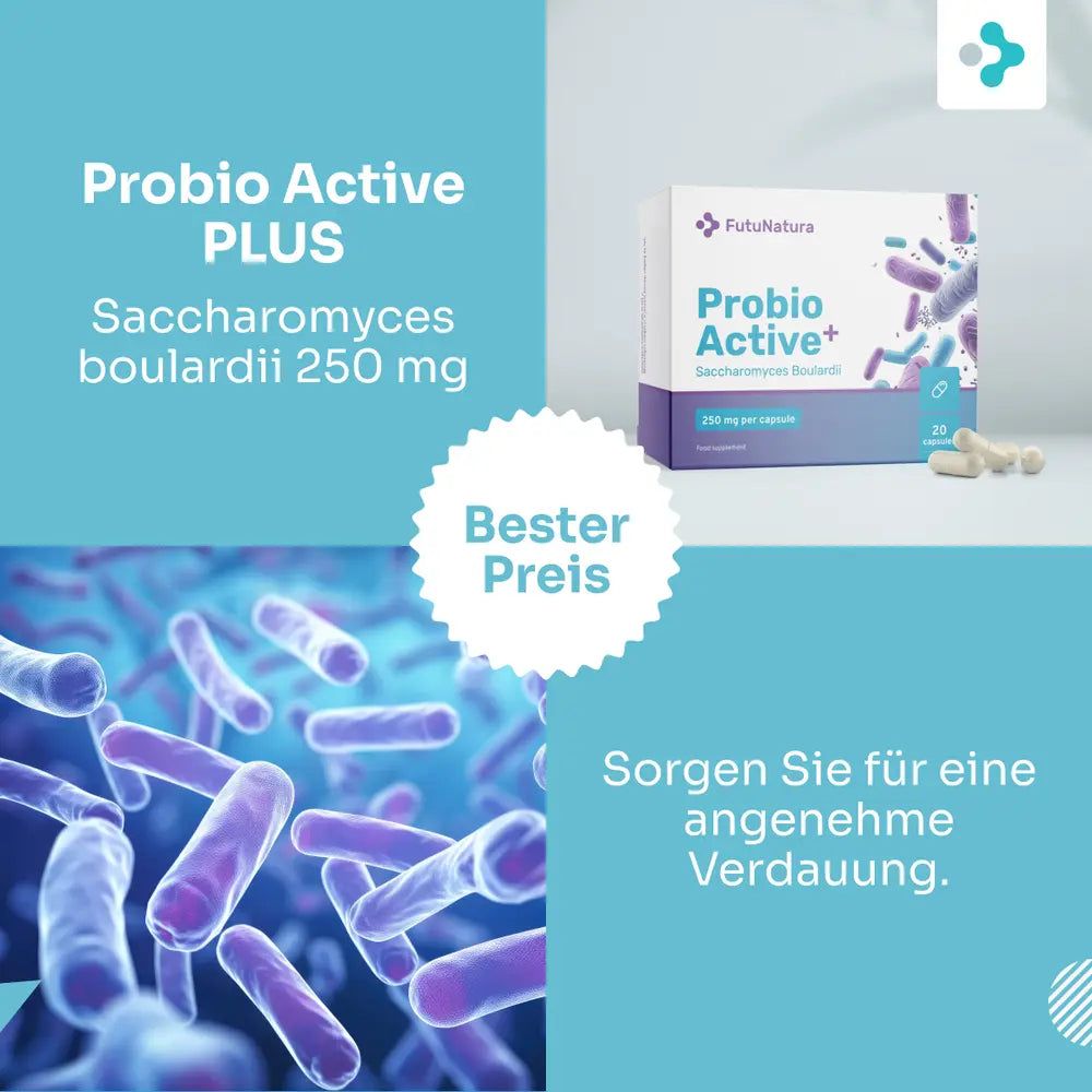 FutuNatura Probio Active PLUS: Packung, Kapseln und Bakterien.