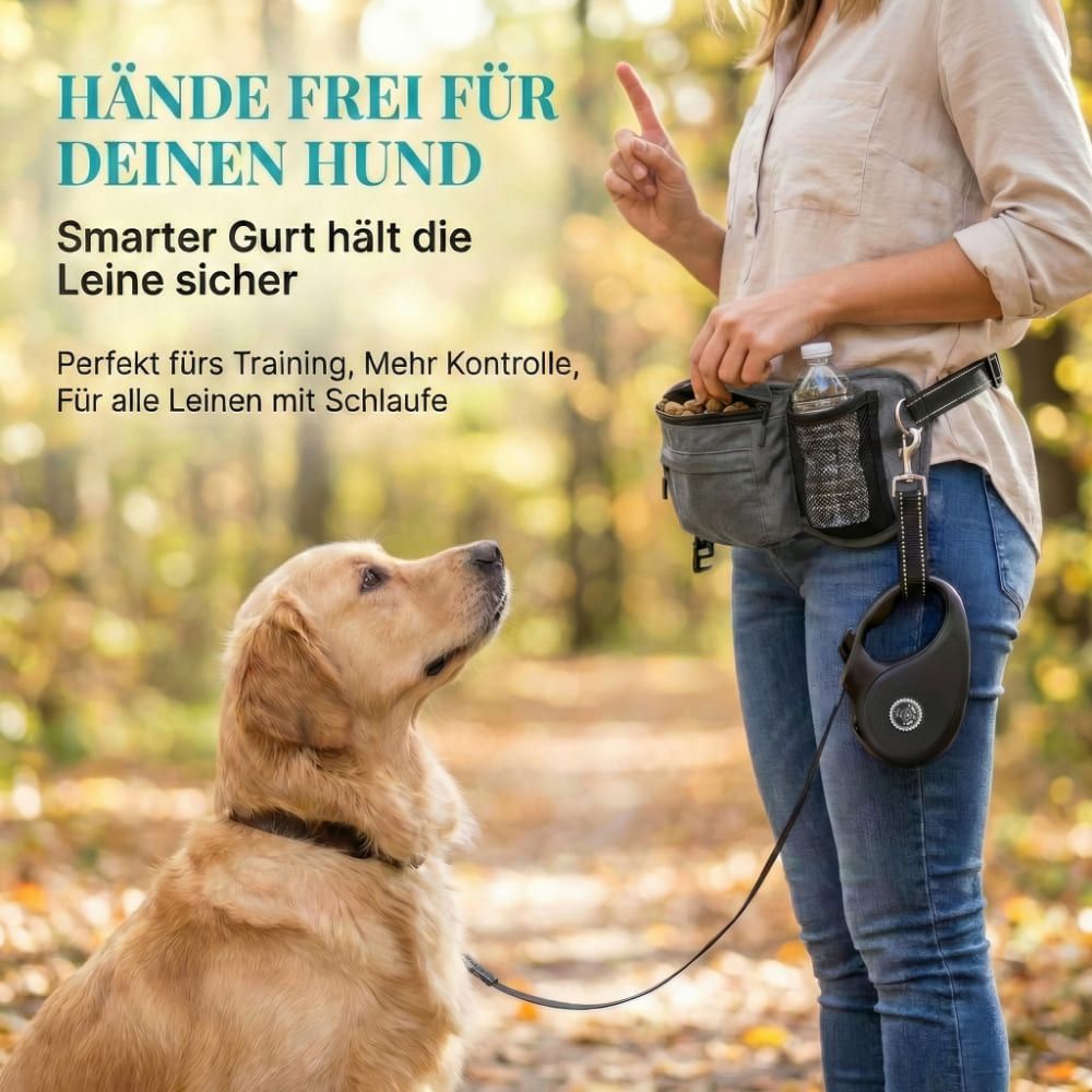 Person mit grauer Bauchtasche und Hund. Schwarzer Gurt mit Schnalle. Hund blickt auf. Wasserflasche in Tasche. Text: HÄNDE FREI FÜR DEINEN HUND.