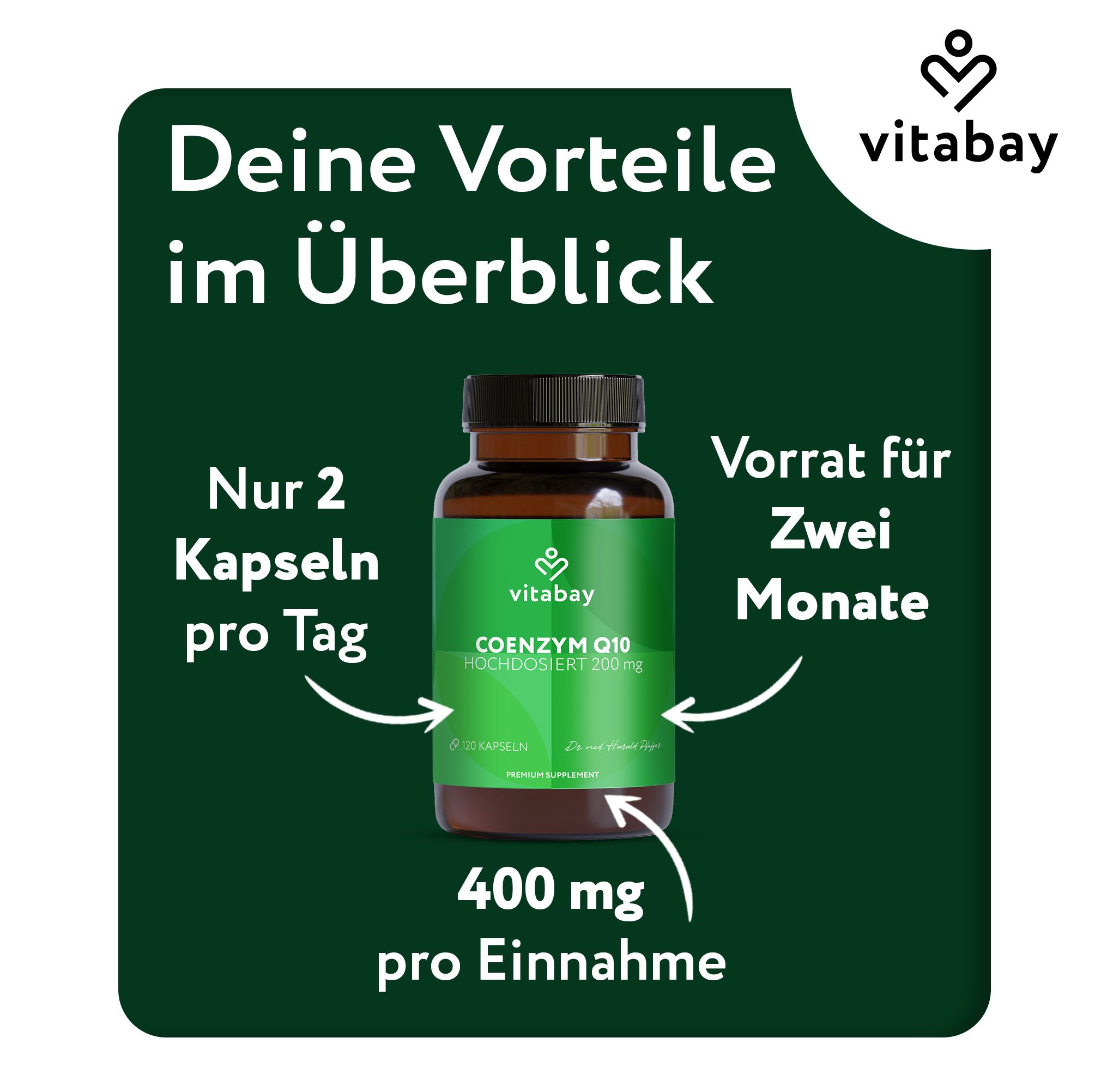 Grüner Hintergrund mit Text: Ihre Vorteile im Überblick. Braune Flasche mit grüner Aufschrift. 2 Kapseln pro Tag. Vorrat für 2 Monate.