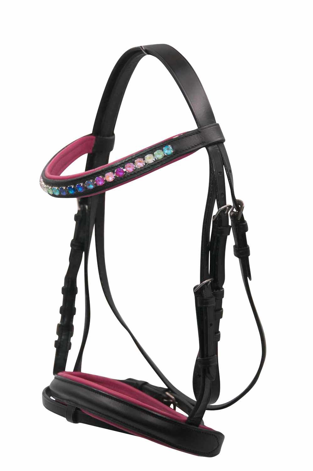 Schwarzer Trensenzaum mit pinkfarbenem Innenfutter und farbigen Glitzersteinen am Stirnband.