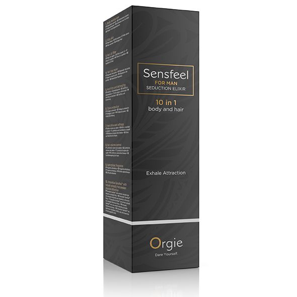 Schwarze Verpackung mit Produktinformationen. Aufschrift: Sensfeel FOR MAN, 10 in 1, Orgie. Text in Gold und Weiß.